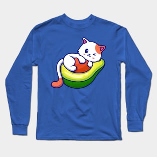 Cute Cat On Avocado Fruit Cartoon Long Sleeve T-Shirt